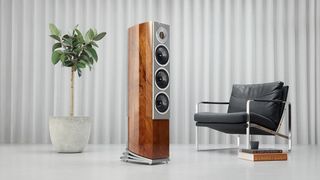 Audiovector R5 Arret&eacute; floorstanders next to a chair and a potted plant 