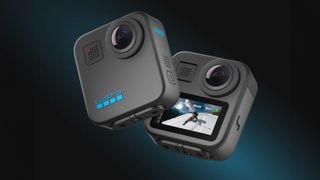 Relaunched GoPro Max 360-degree camera, front and back, on a dark blue background