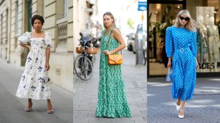 Street style influencers wearing printed dresses for what to wear to a wedding