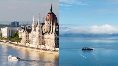 River cruises vs ocean cruises represented in two images side by side of a river cruise in Budapest and an ocean cruise in the Caribbean