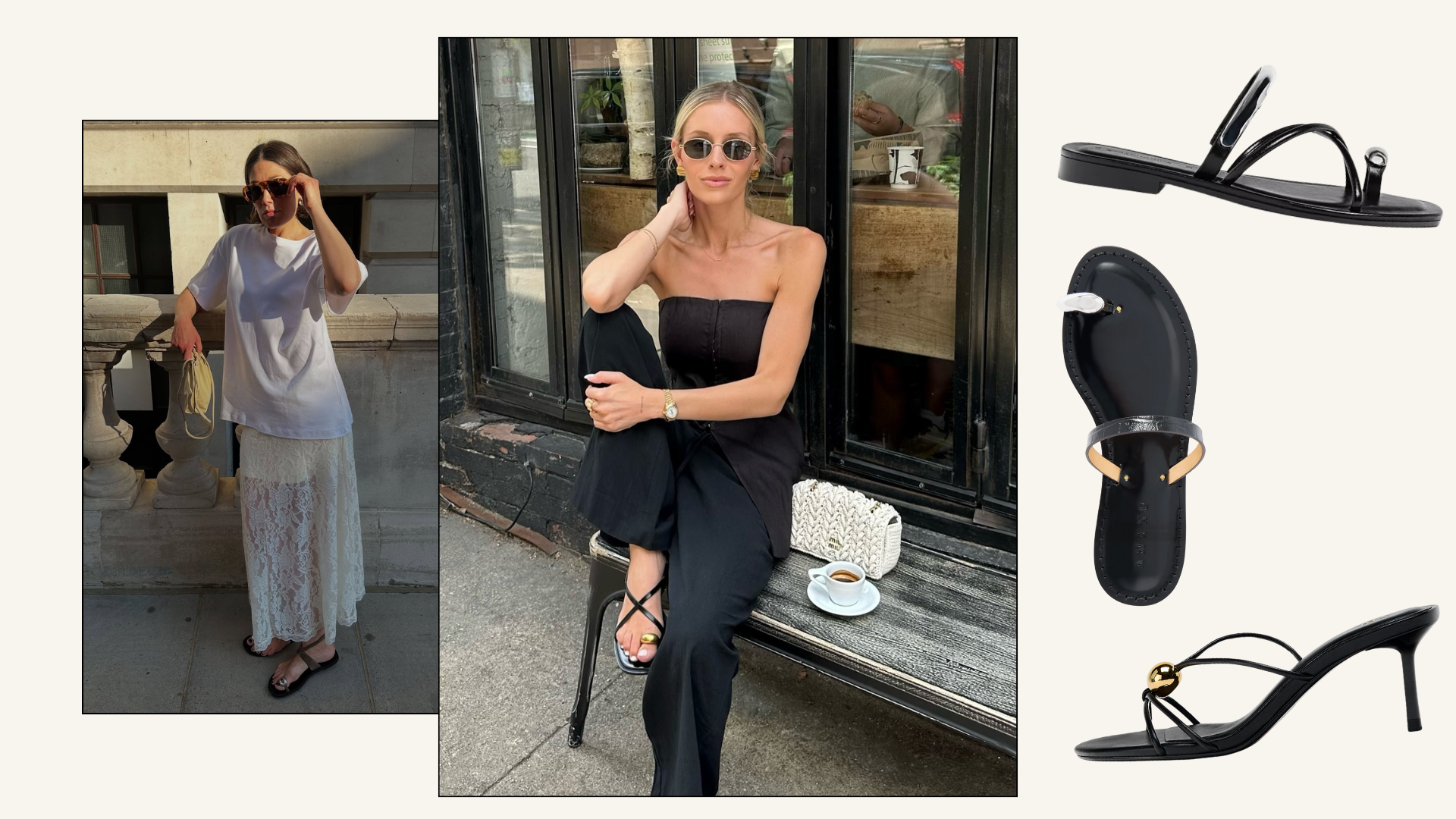 Influencers wear metal detail sandals in London with white lace skirts and black trousers.