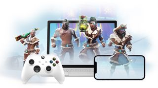 A laptop, tablet and phone running Sea of Thieves through Xbox Cloud Gaming