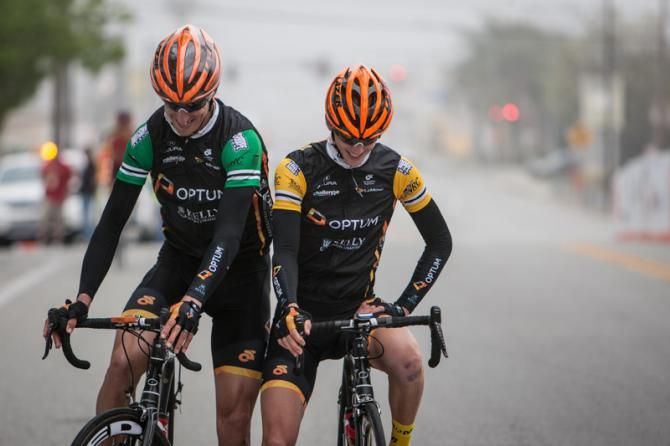 Tom Zirbel (Optum) and teammate Chad Haga get called to the start line.