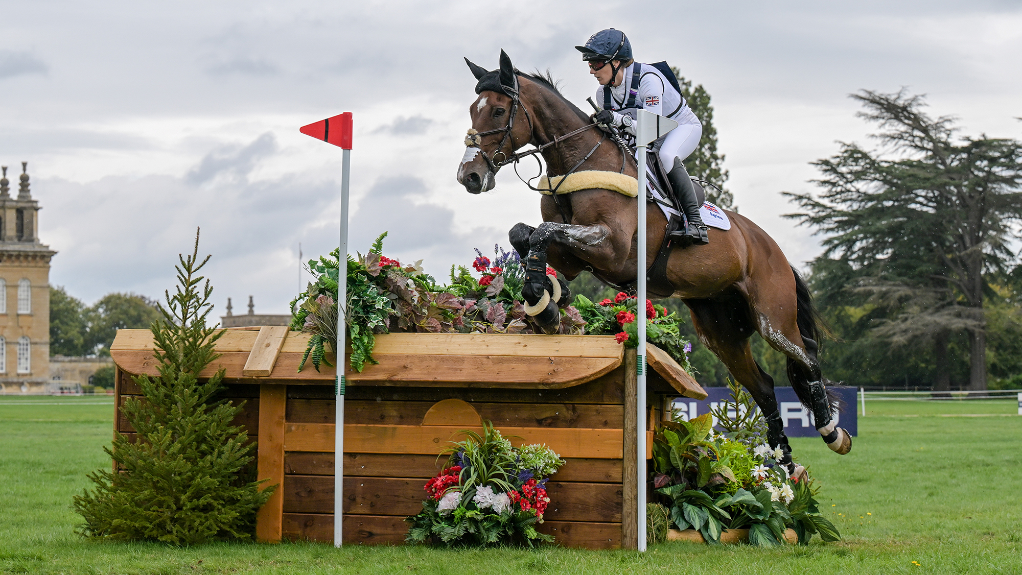 Laura Collett and London 52, members of the British eventing squad for the World Championships 2026, jump a cross-country fence at the 2025 European Championships at Blenheim. 