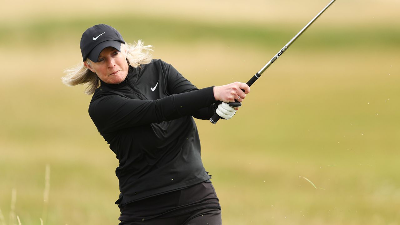 TV Presenter, Sarah Stirk plays a shot during the Pro-Am prior to the AIG Women&#039;s Open at Muirfield on August 02, 2022 in Gullane, Scotland.