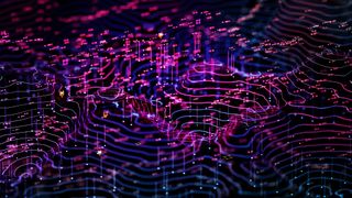 A craggy landscape formed from data points and glowing lines meant to represent AI code. Decorative: the glowing lines and data points are purple, blue, and pink.