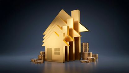 Row of golden house symbols with stacks of coins on dark background