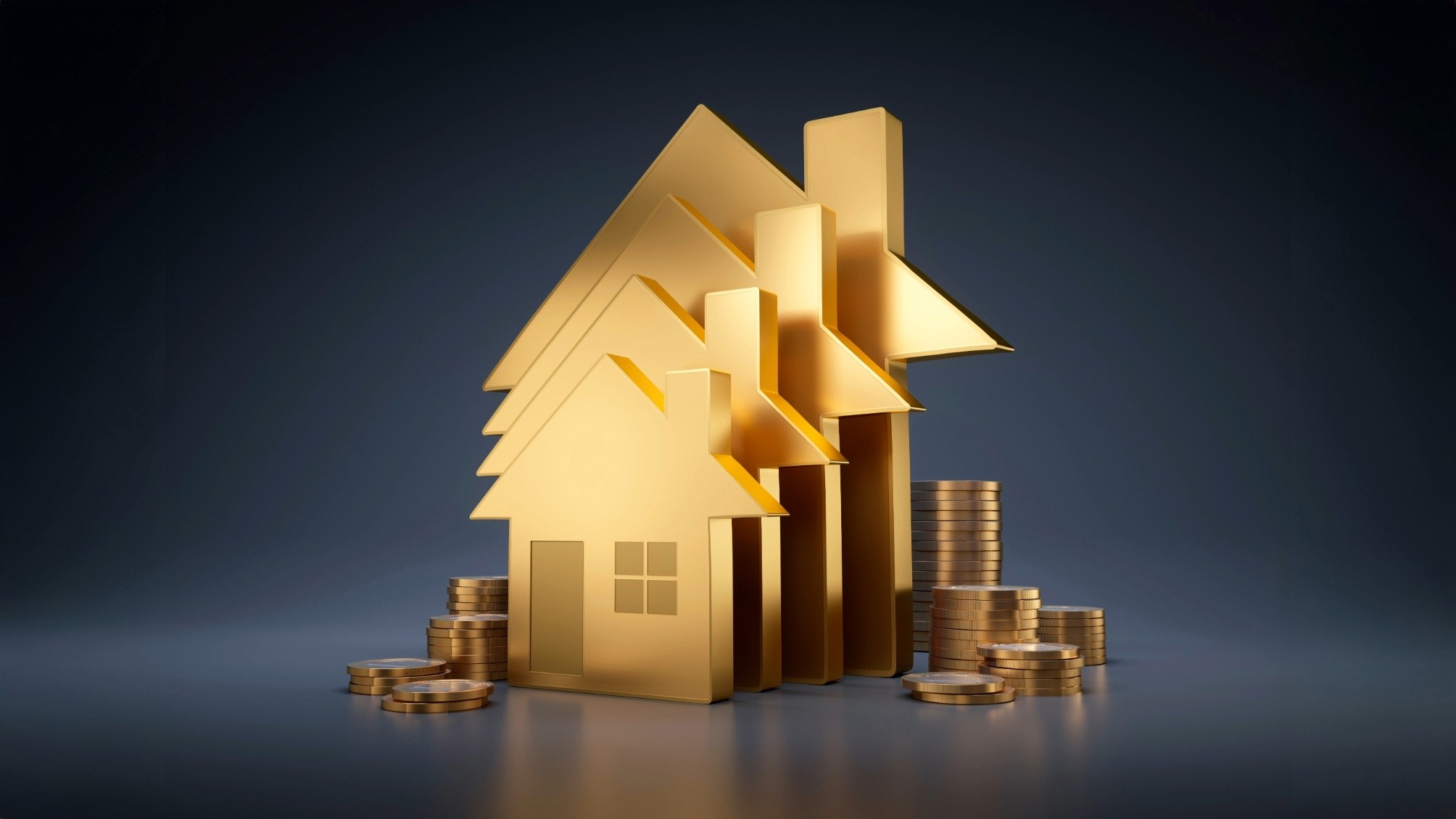 Row of golden house symbols with stacks of coins on dark background
