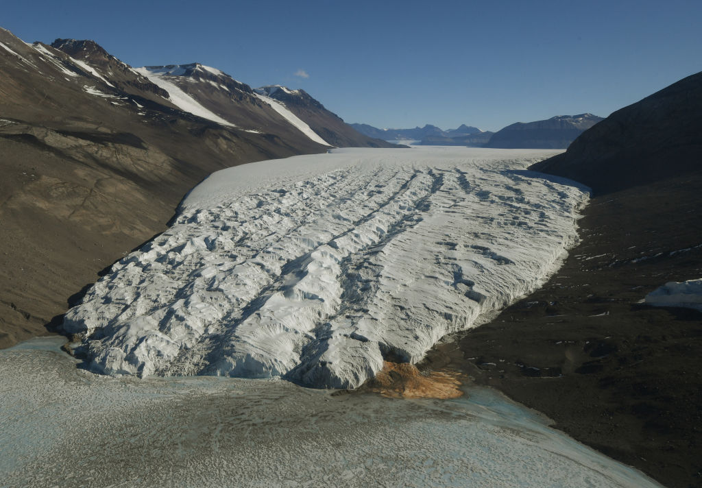 Aerial view of Taylor Glacier and Blood Falls in Antarctica.
