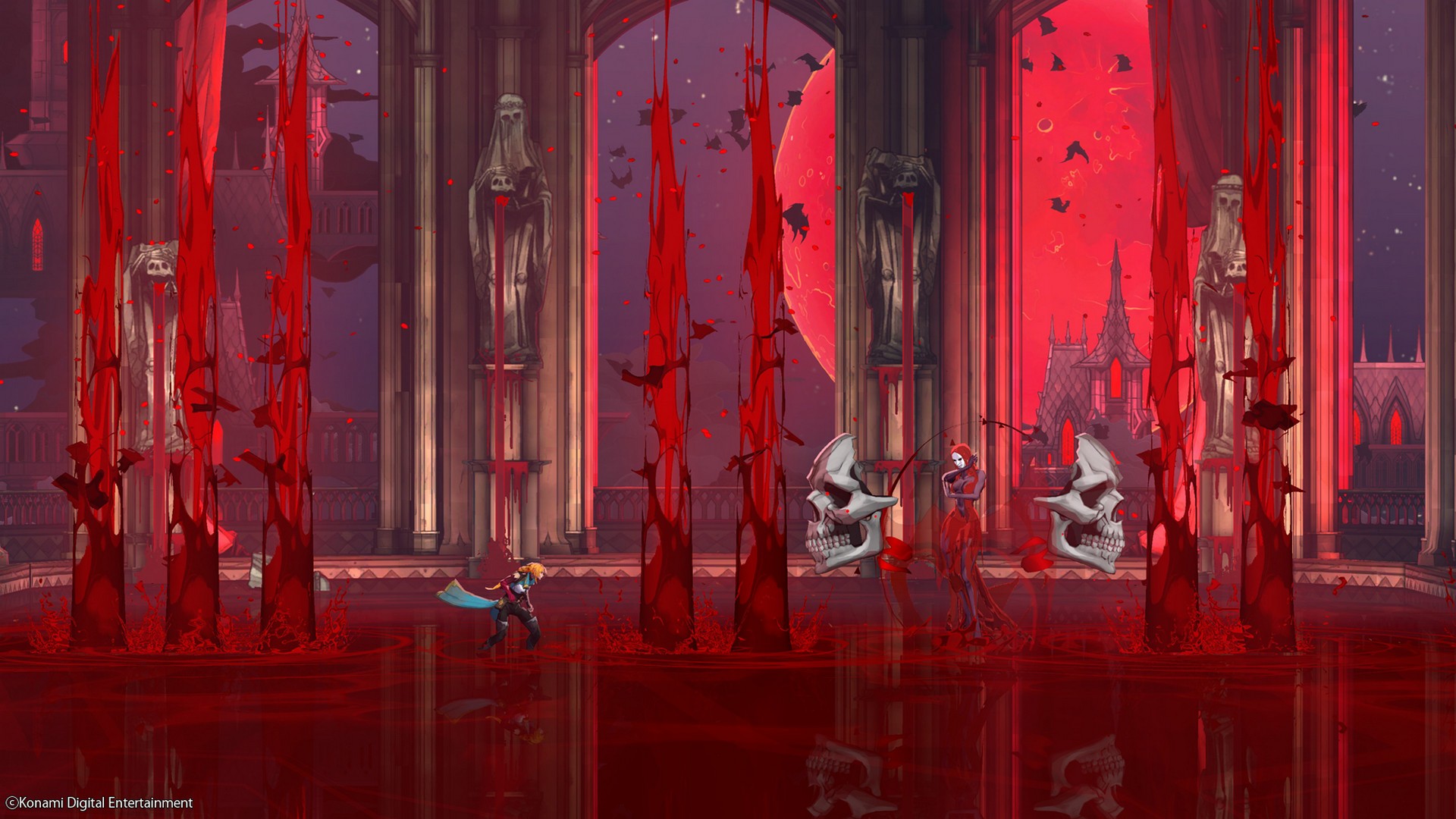 Skulls patrol a blood-filled room as the liquid creates large spurts in Castlevania: Belmont's Curse, with a view in the background of a massive, crimson moon