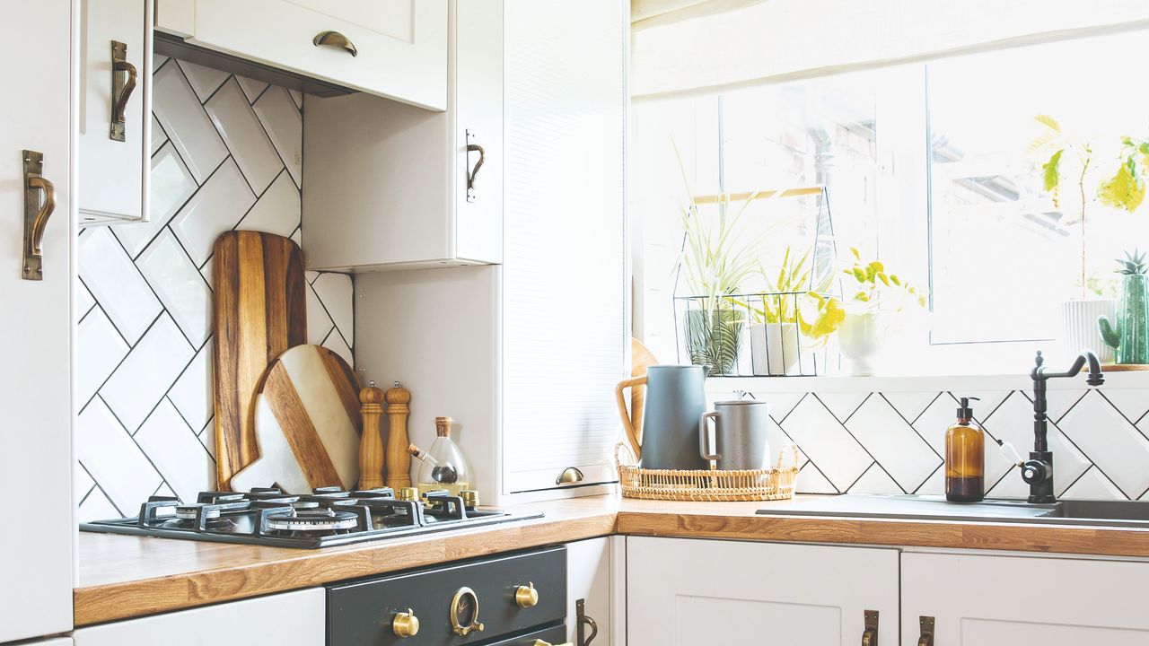 Tiled kitchen with wooden cutting boards