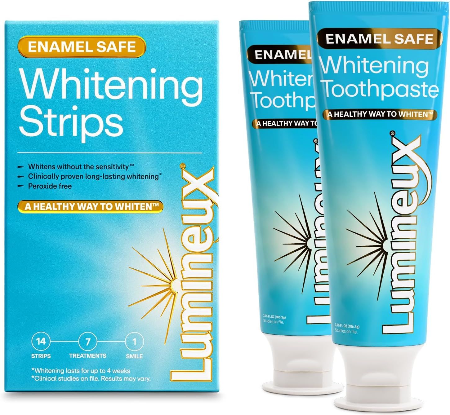 Lumineux Whitening Starter Set &ndash; Peroxide Free - Enamel Safe for Whiter Teeth &ndash; Includes 7 Whitening Treatments &amp; 2 Pack Whitening Toothpaste, Fluoride Free &amp; Dentist Formulated