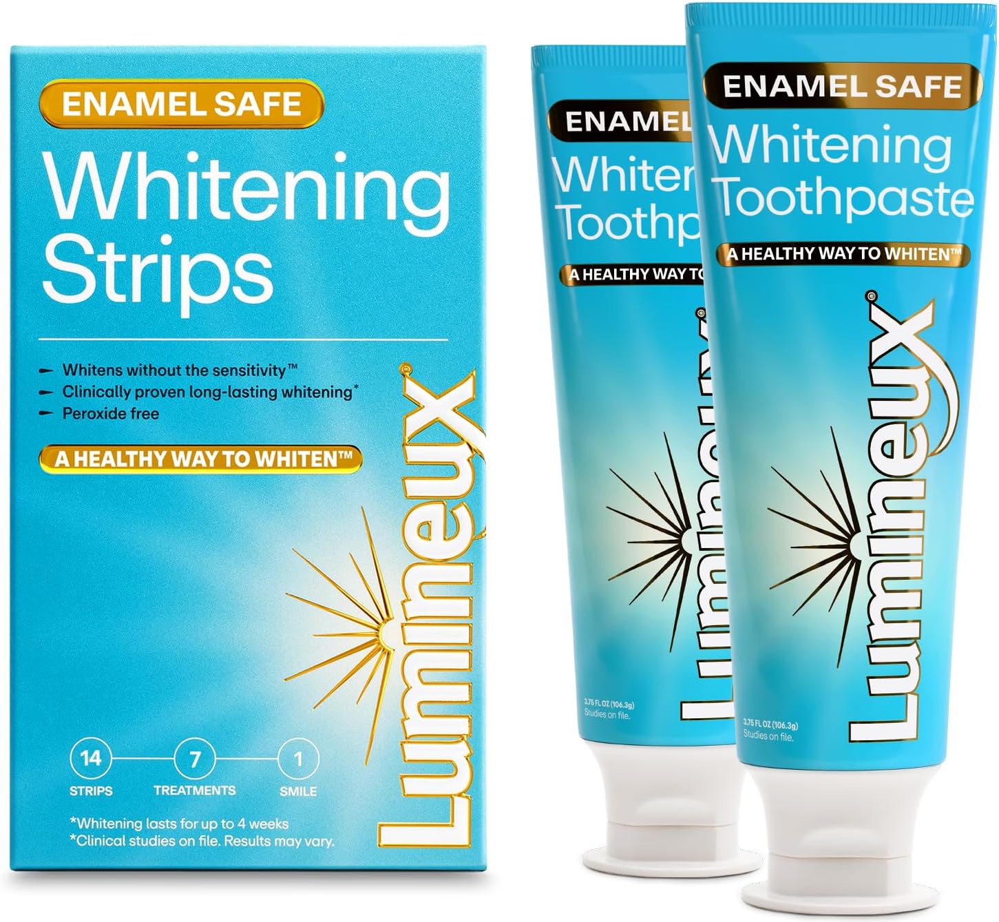 Lumineux Whitening Starter Set &amp;ndash; Peroxide Free - Enamel Safe for Whiter Teeth &amp;ndash; Includes 7 Whitening Treatments &amp;amp; 2 Pack Whitening Toothpaste, Fluoride Free &amp;amp; Dentist Formulated