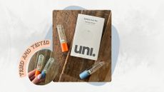 Image of Uni Water-Based Perfumes and the box on a white marble background with a circular image of hand holding the two perfumes, orange tried and tested banner and blue circle detail