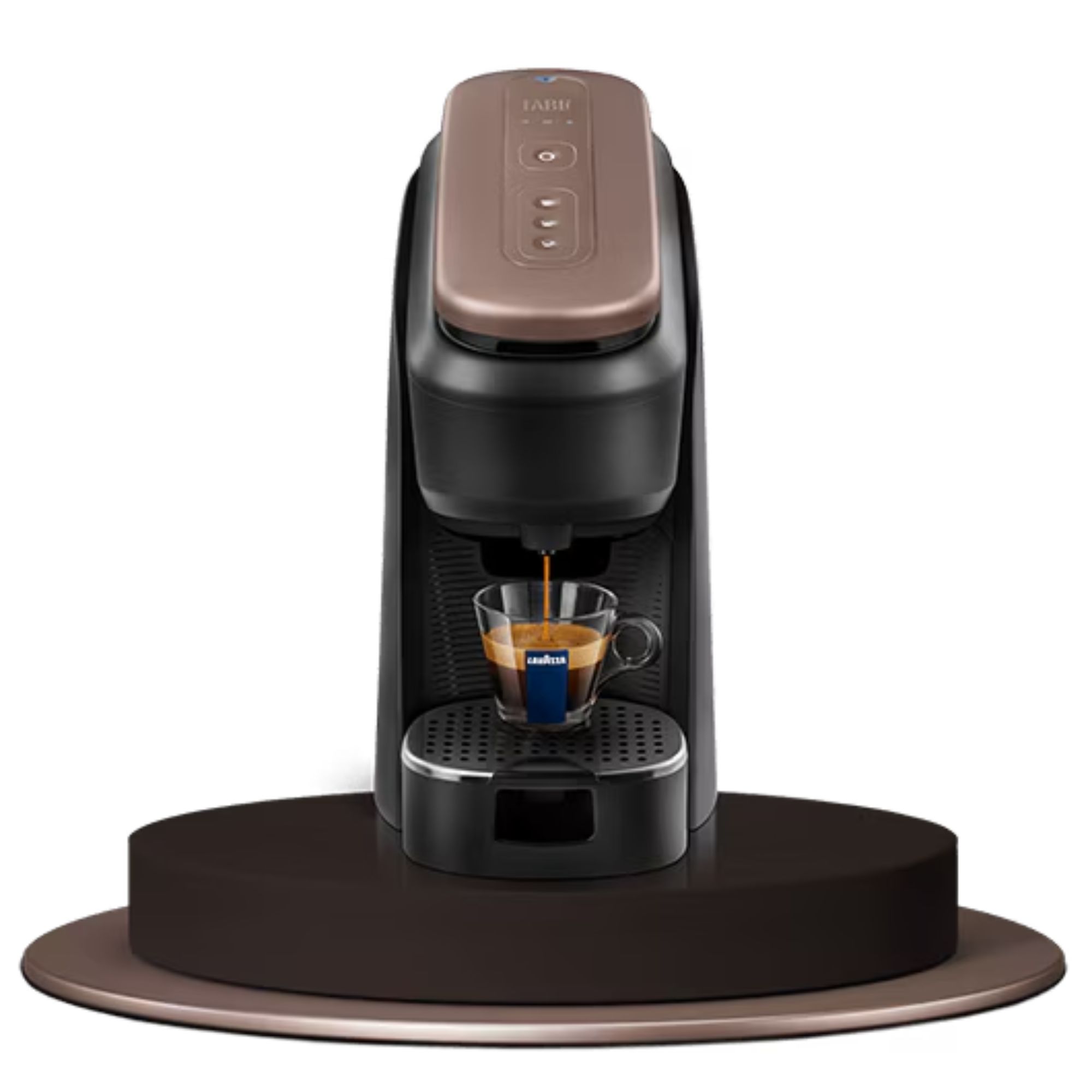 A black and walnut brown Lavazza Tabl&amp;igrave; espresso machine