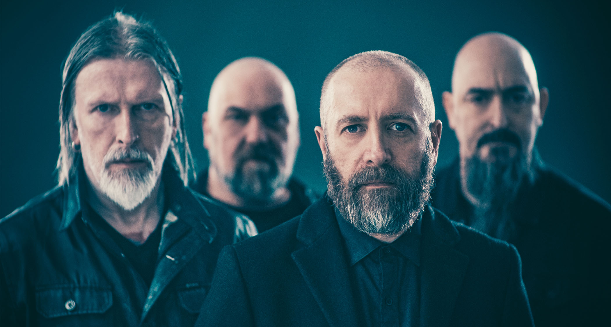 Paradise Lost photographed in close-up [L-R]: Greg Mackintosh, Steve Edmondson, Nick Holmes, Aaron Aedy