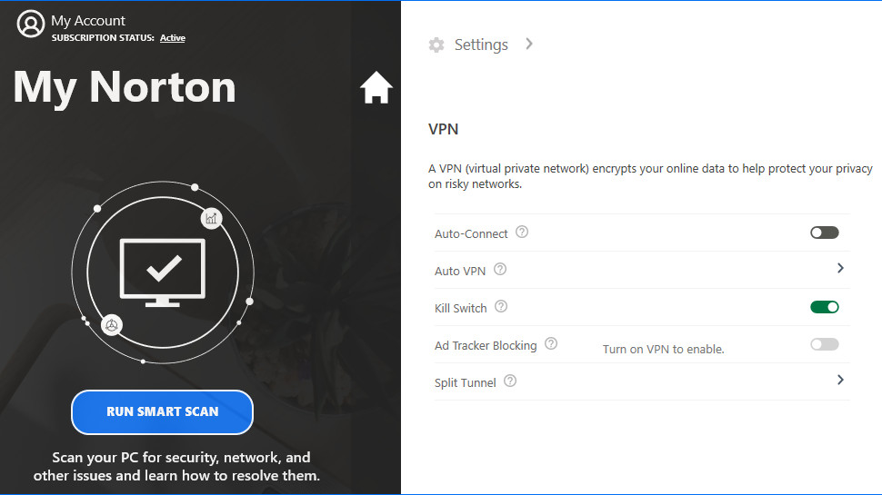 Norton 360 Deluxe VPN settings.
