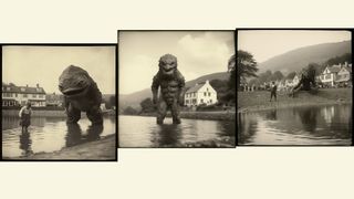 Set of three photographs of a monster-like f igure in shallow waters. The image on the far left also has a little boy paddling in the water