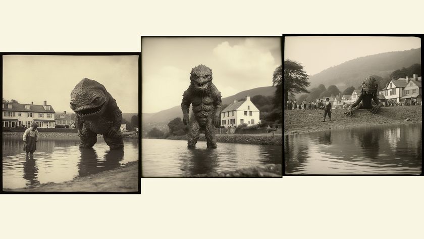 Set of three photographs of a monster-like f igure in shallow waters. The image on the far left also has a little boy paddling in the water