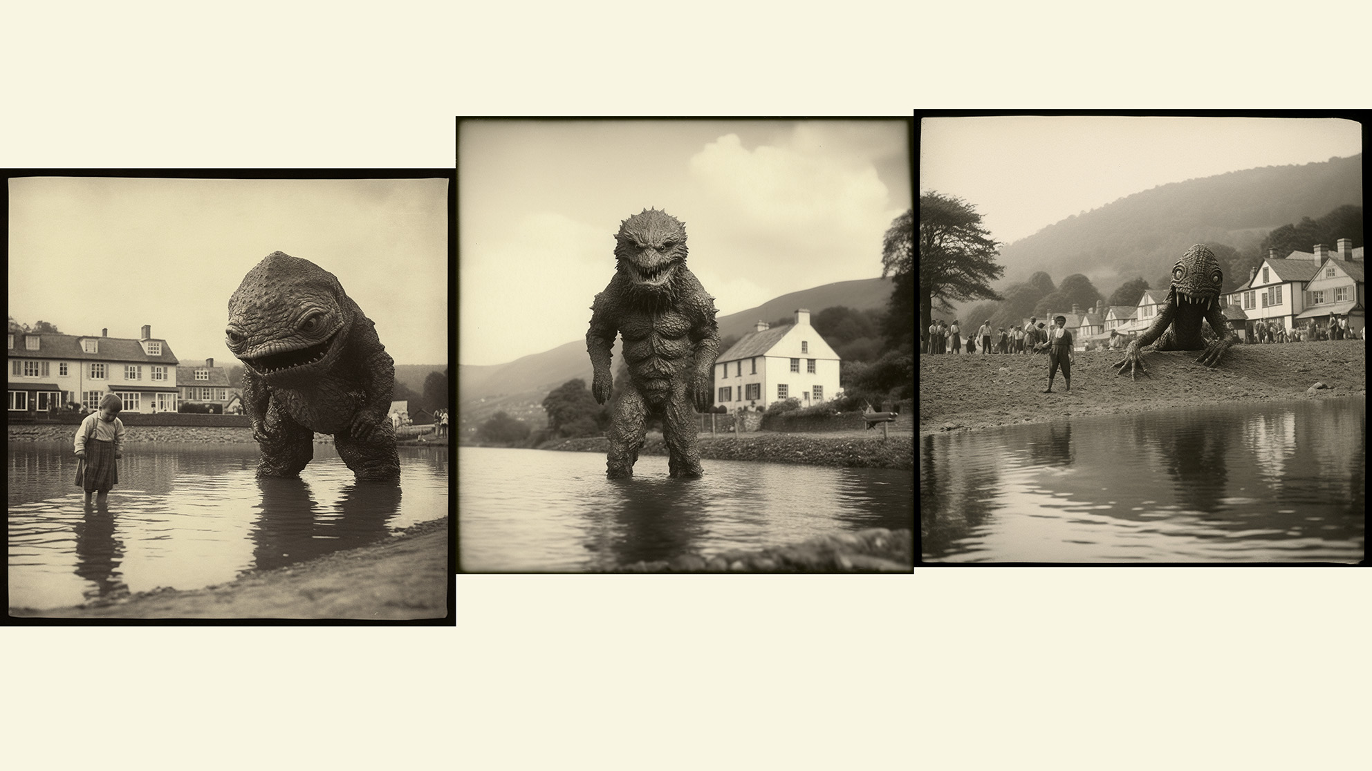 Set of three photographs of a monster-like f igure in shallow waters. The image on the far left also has a little boy paddling in the water