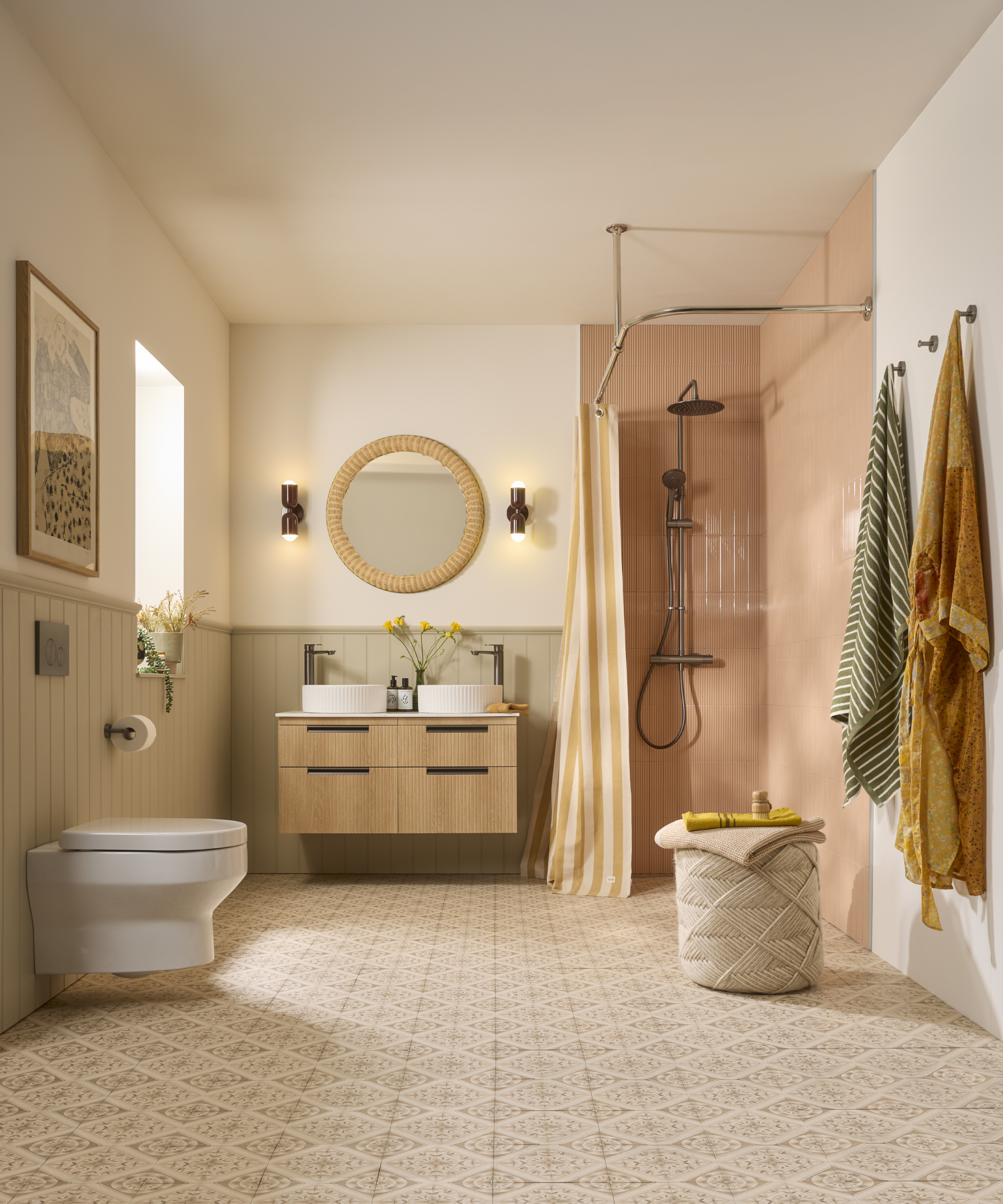 bathroom with half wall panelling, tiled floor and shower cubicle