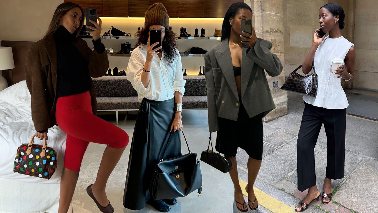 A collage of four photos showcasing classic handbag trends.