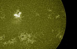 The active sunspot AR2158 is seen firing off a massive X1.6-class solar flare (top left) in this image captured by NASA's Solar Dynamics Observatory on Sept. 10, 2014. The spacecraft monitors the sun in many different wavelengths.