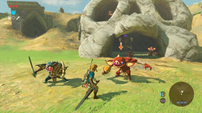 A screenshot from legend of zelda: breath of the wild, showing Link attacking a group of bokoblins