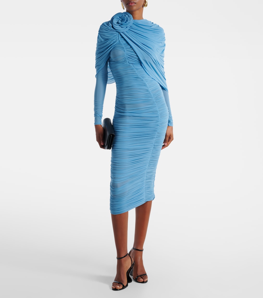 Floral-Appliqu&amp;eacute; Ruched Caped Midi Dress