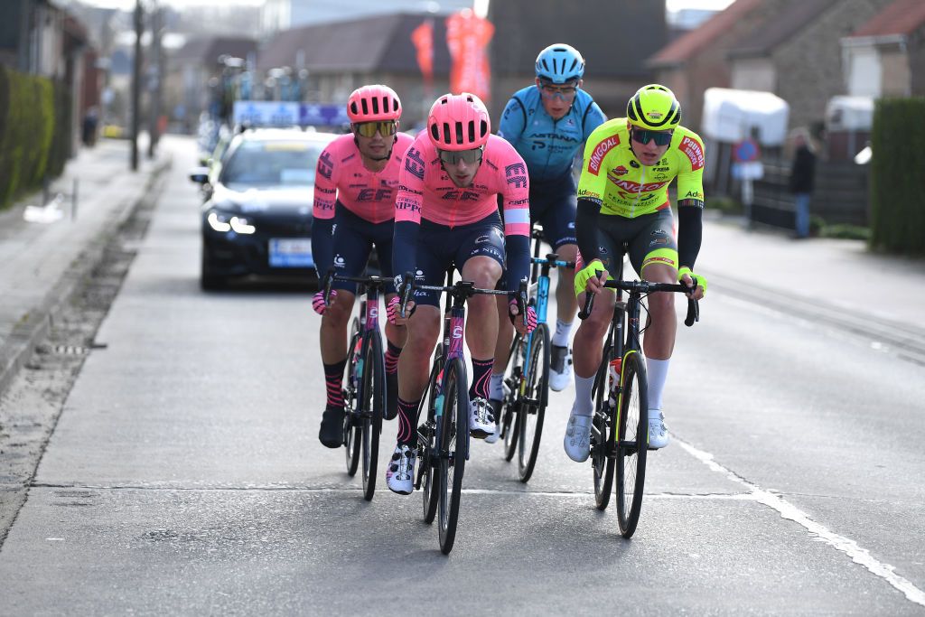 WEVELGEM BELGIUM MARCH 28 Stefan Bissegger of Switzerland Jonas Rutsch of Germany and Team EF Education Nippo Laurenz Rex of Belgium and Team Bingoal WB during the 83rd GentWevelgem in Flanders Fields 2021 Mens Elite a 254km race from Ypres to Wevelgem Breakaway GWE21 GWEmen FlandersClassic on March 28 2021 in Wevelgem Belgium Photo by Tim de WaeleGetty Images