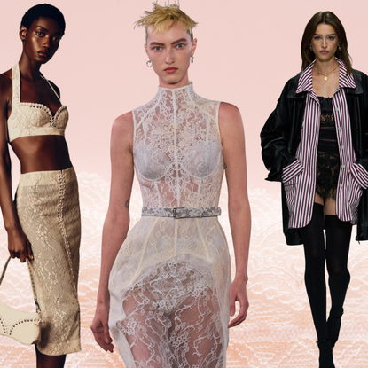 Models wearing various lace outfits in front of a lacy pink background