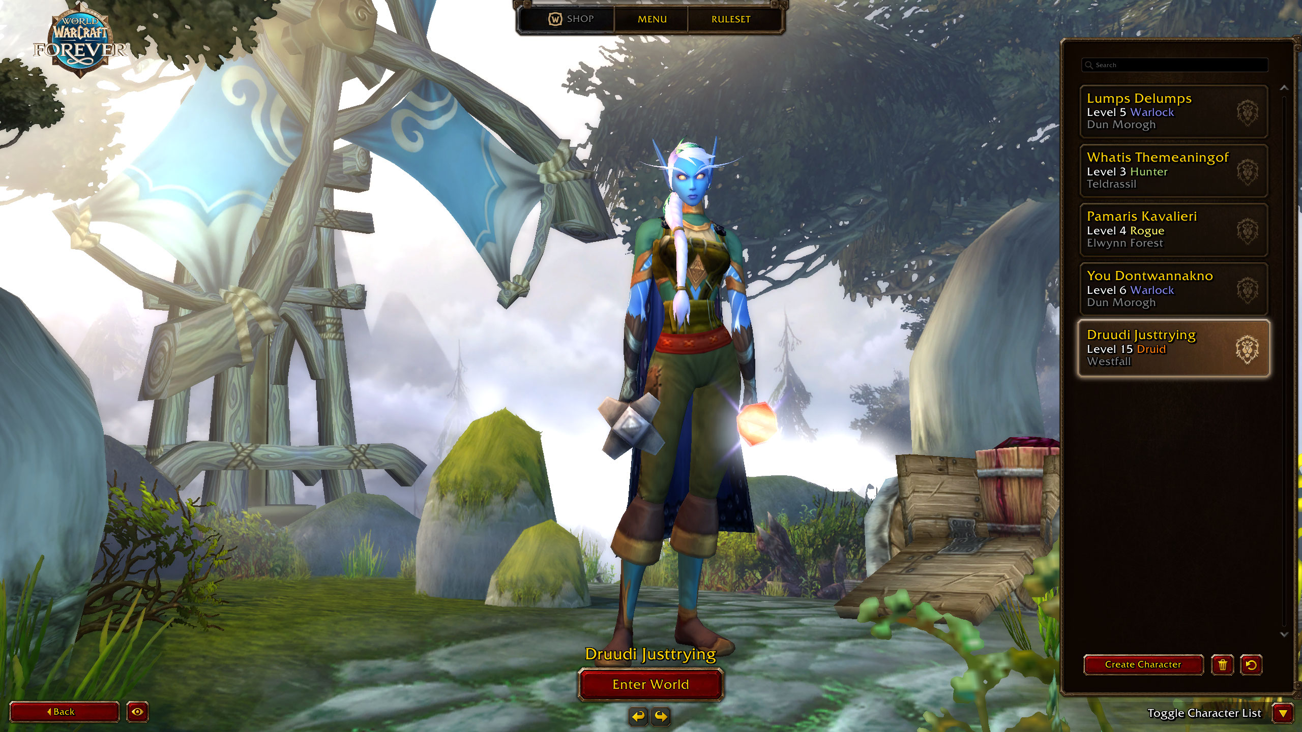 A screenshot from World of Warcraft Forever, showing a Skyborne druid in the character select screen
