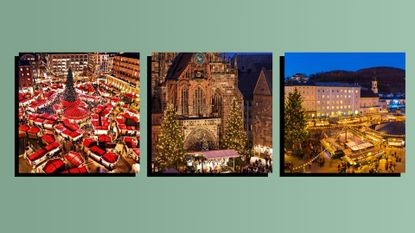 Photos of three of the best christmas markets in Europe from europe on a green background with a black drop shadow
