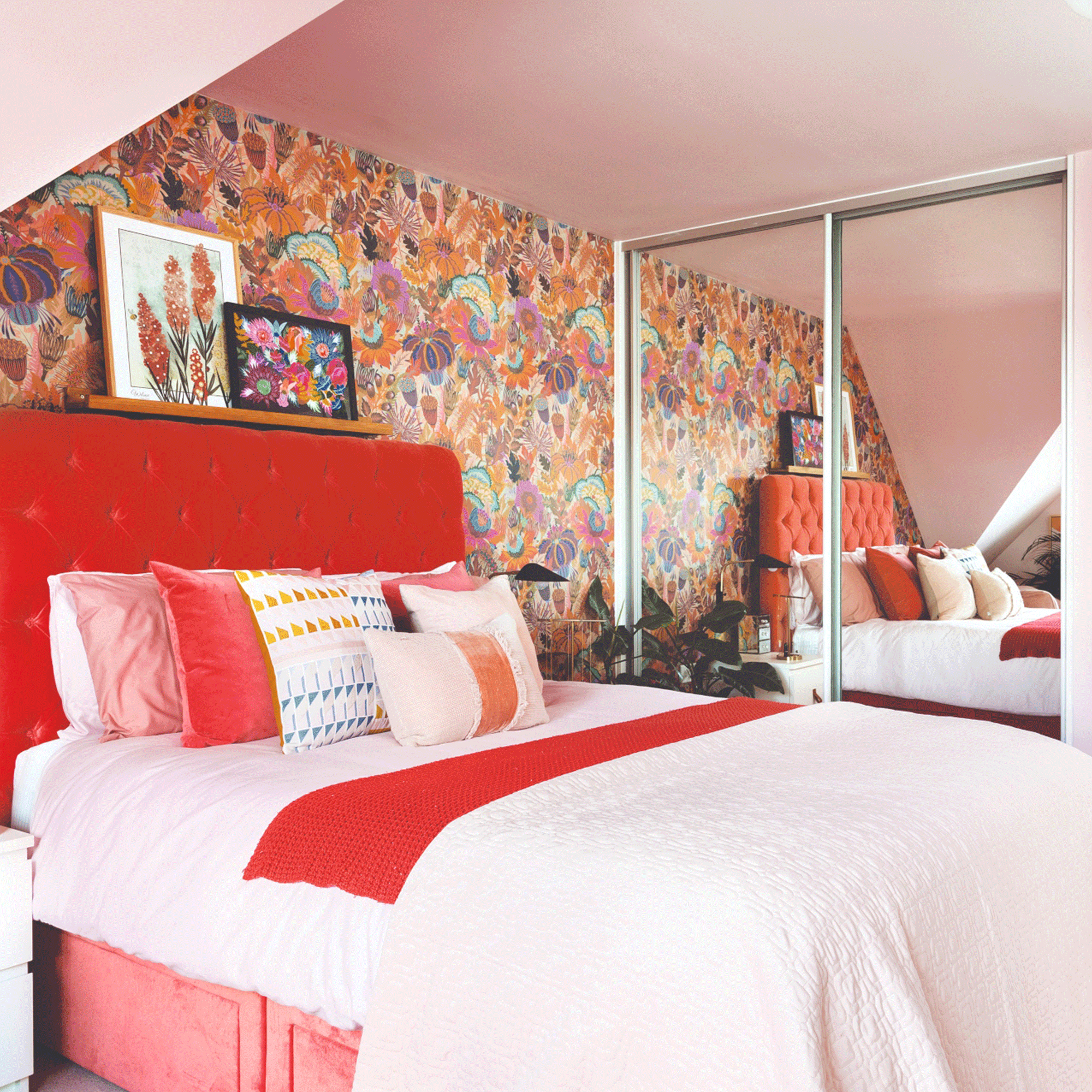 Red headboard with mirrors