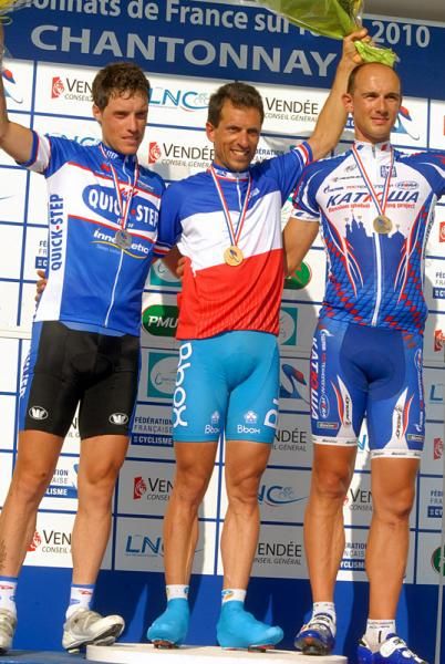 Podium (l-r): Sylvain Chavanel (Quick Step), Nicolas Vogondy (Bbox - Bouygues Telecom) and Laszlo Bodrogi (Team Katusha).