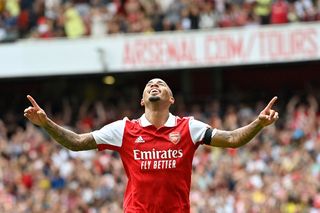 Gabriel Jesus celebrates one of his goals for Arsenal against Sevilla in a 6-0 pre-season win.