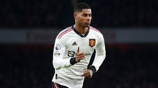 Marcus Rashford celebrates his goal for Manchester United against Arsenal in the Premier League in january 2023.