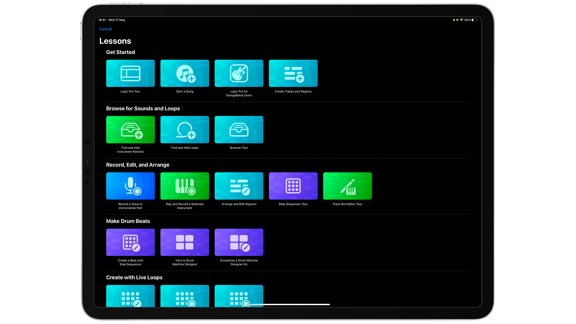 Logic Pro iPad Lessons feature
