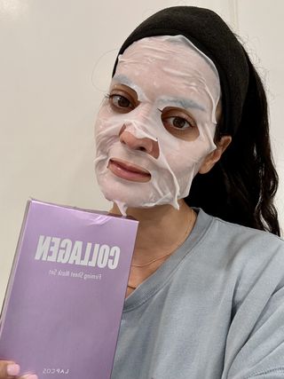 Michelle Rostamian enjoys the milky consistency of the Lapcos Collagen Firming Sheet Mask.