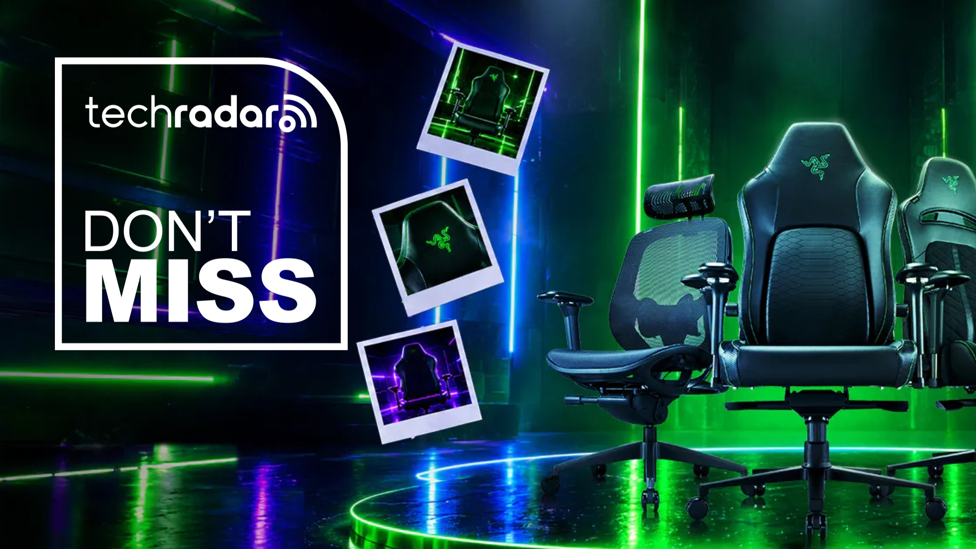Razer's gaming chair promo artwork with TechRadar's Don't Miss text on the top in white