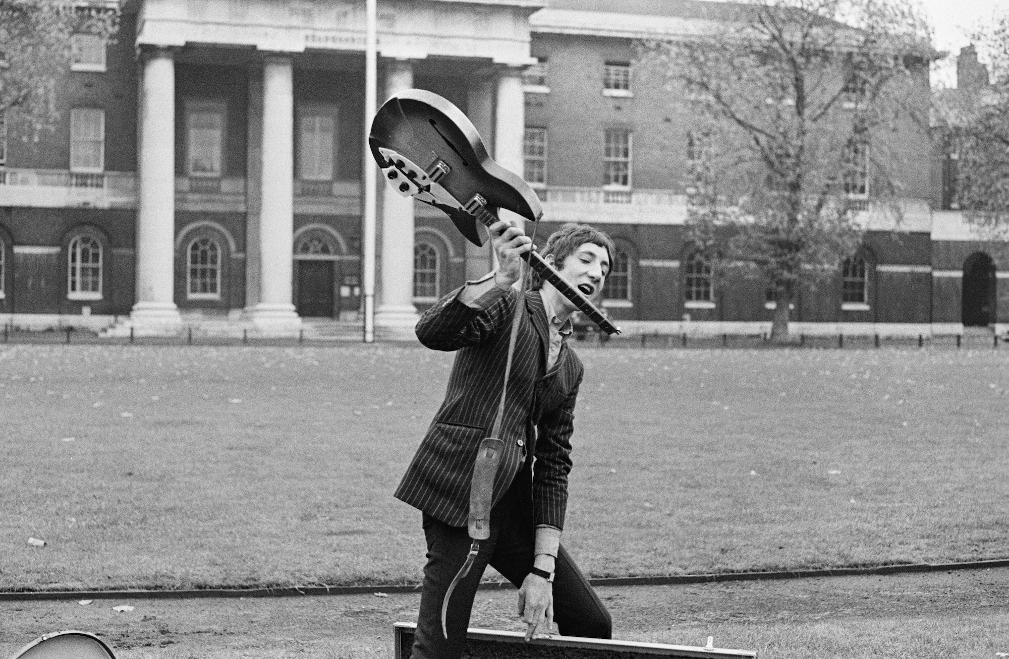 Pete Townshend, holding a Rickenbacker with self-inflicted damage at the Duke of York Barracks in London on November 12, 1966