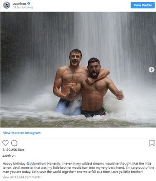Dylan and Zac Efron in waterfall image from Zac Efron Instagram
