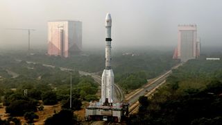 An Indian Space Research Organisation GLSV rocket moves to the launch pad for the first launch of 2025.