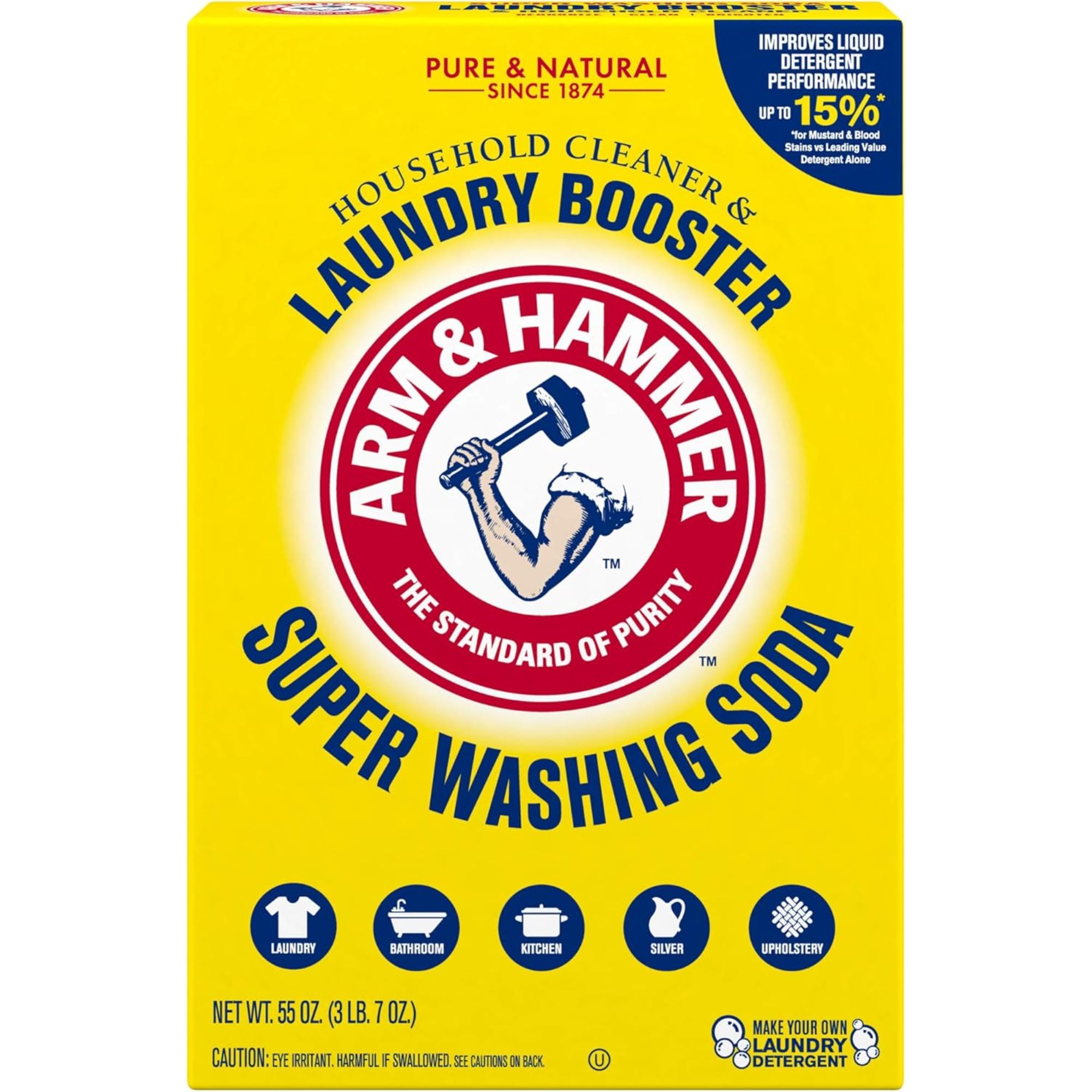 Arm &amp;amp; Hammer laundry booster in a bright yellow cardboard box