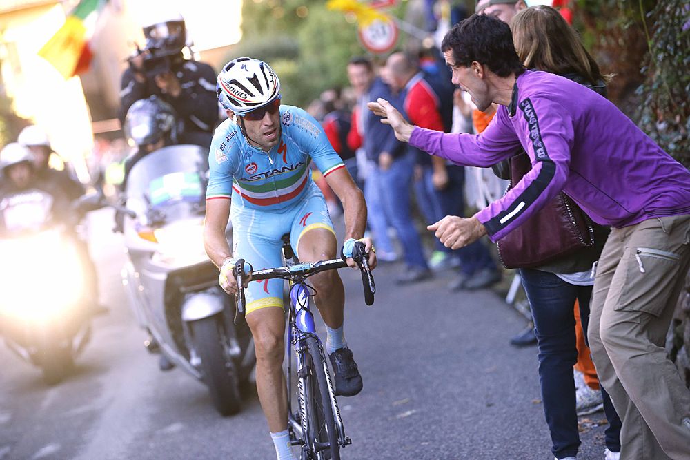 Vincenzo Nibali (Astana) on a solo move to win Il Lombardia