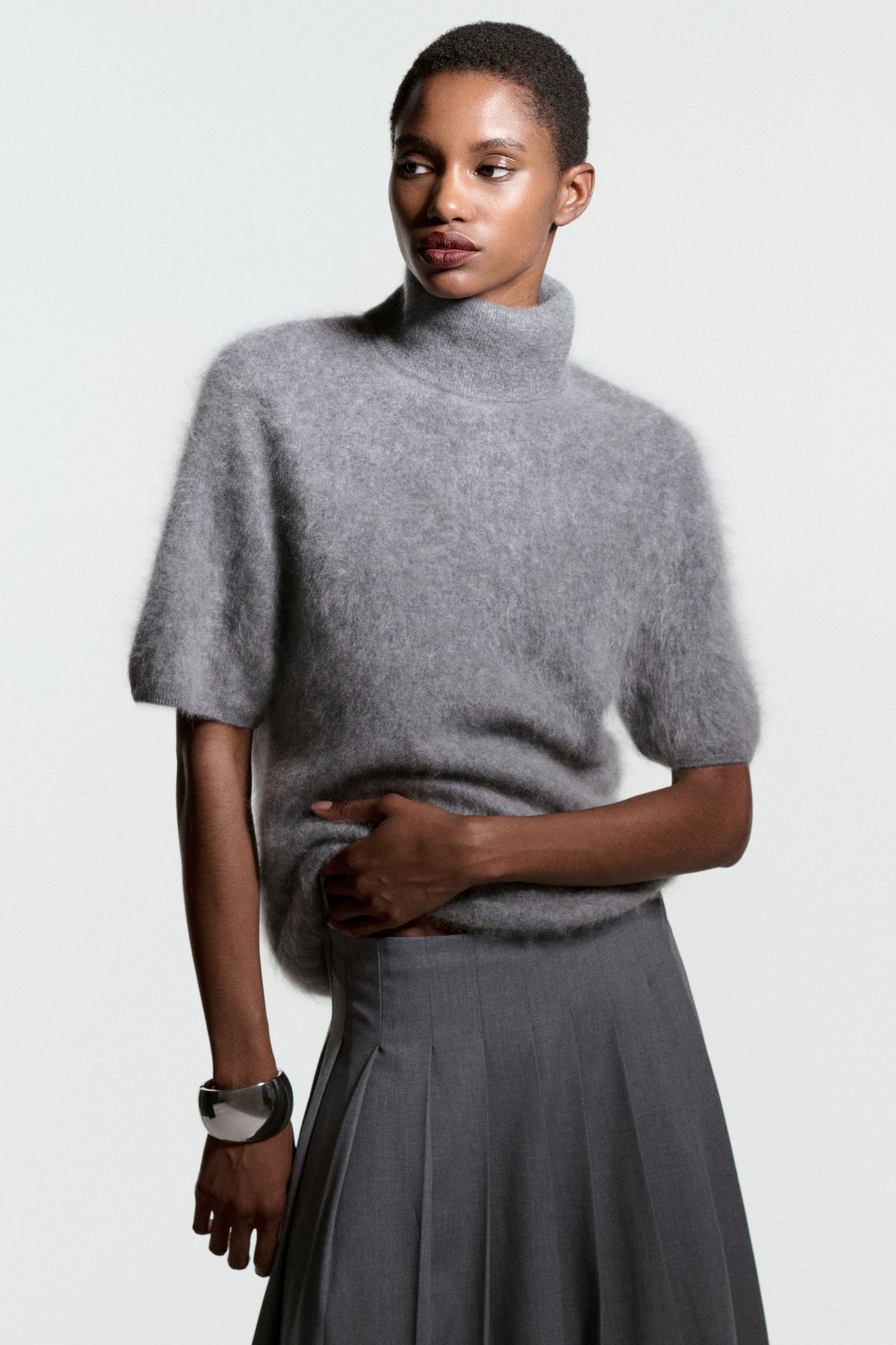 Brushed Cashmere Polo-Neck Top - Grey