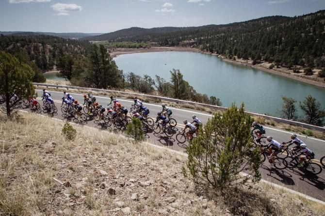 Riders pass by Lake Roberts