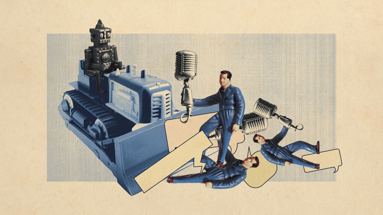 Photo collage of a vintage robot toy driving a bulldozer, gathering up little plastic men with microphones and speech bubbles