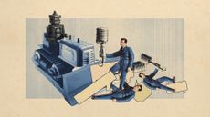 Photo collage of a vintage robot toy driving a bulldozer, gathering up little plastic men with microphones and speech bubbles