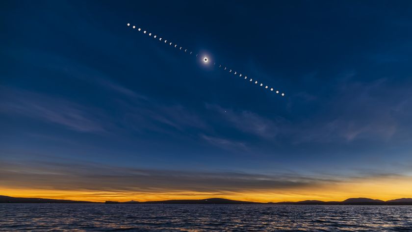 total solar eclipse over the waters of Lac Brome, Quebec, Canada on April 8, 2024. 